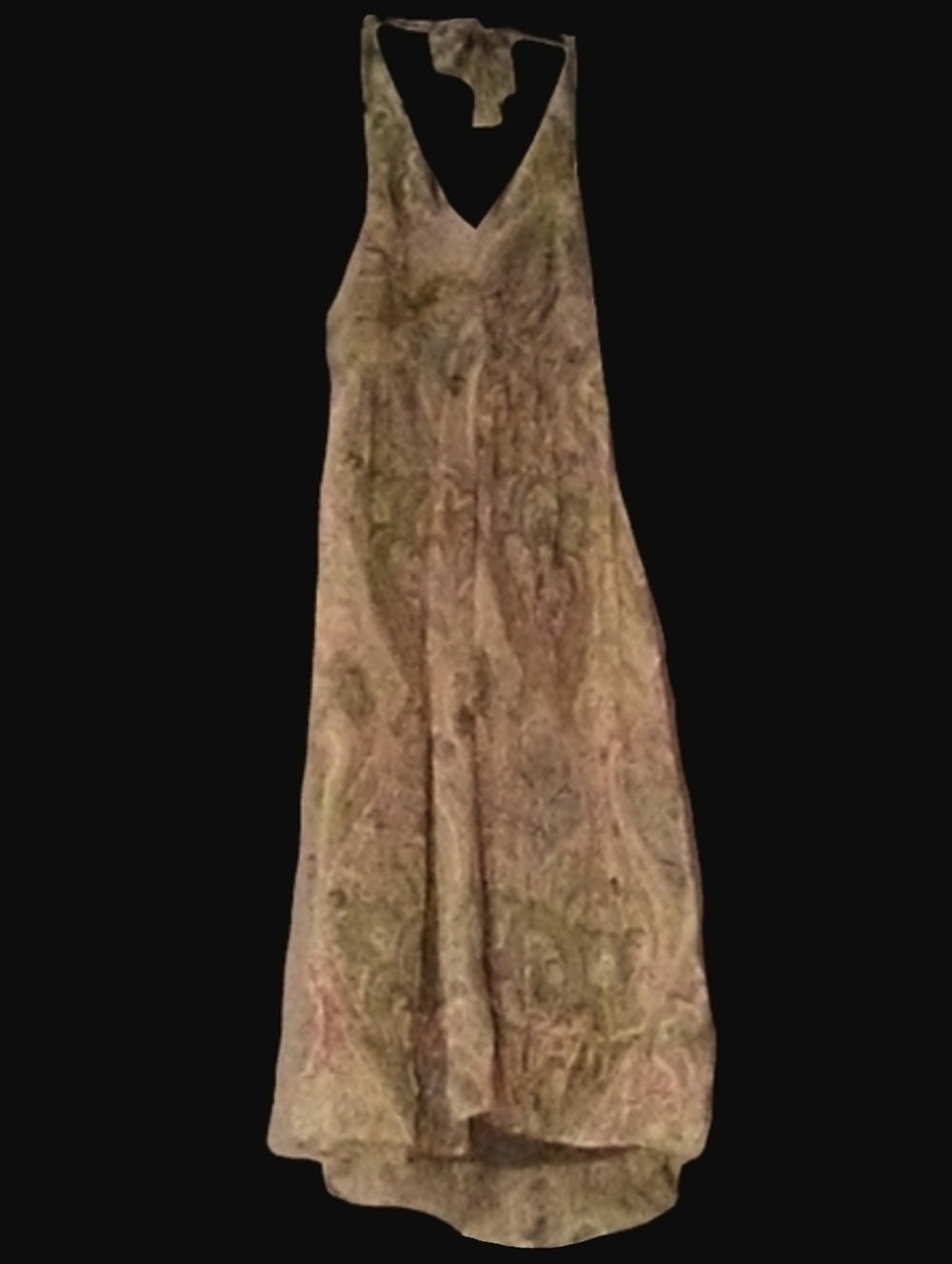 Silk Paisley Green Pink Dress Midi Halter Sundress Sheer Layered Drawstring Hem